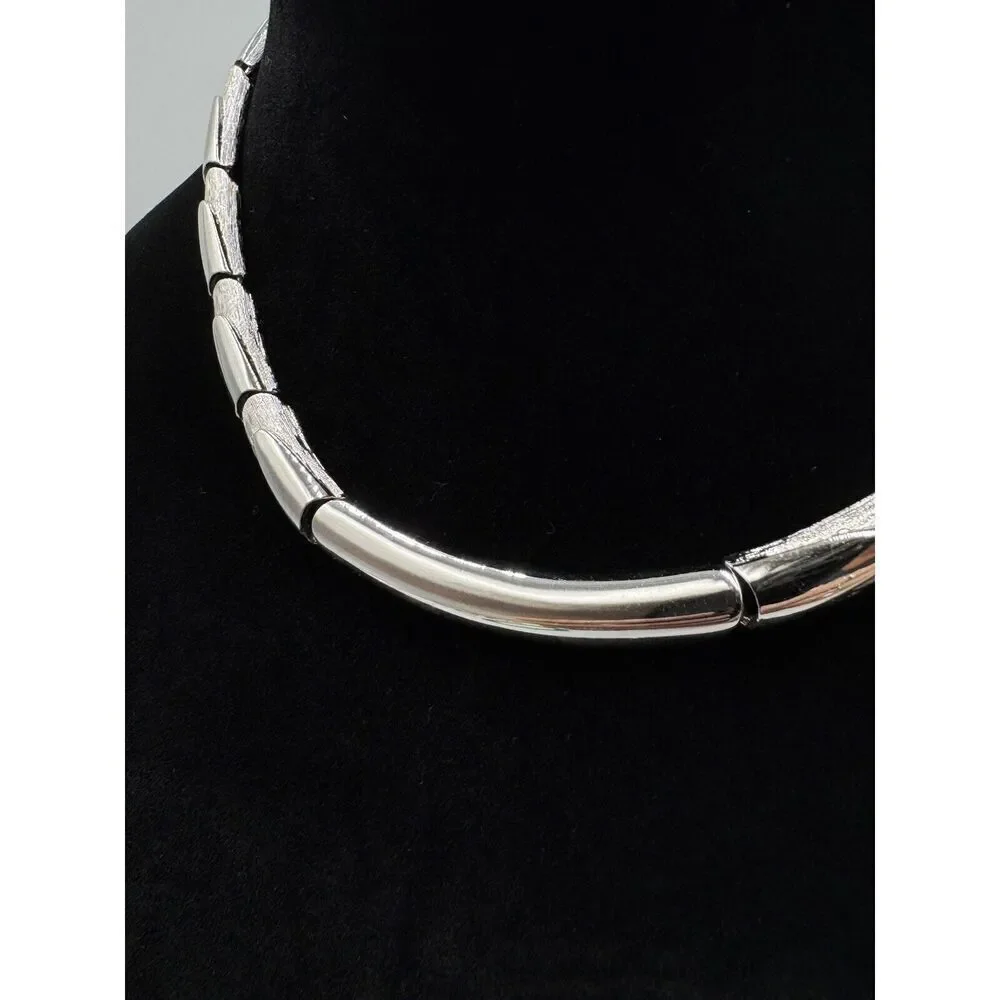 Monet Signed Silver Tone Brushed Polished Vintage Choker Necklace Estate Jewelry